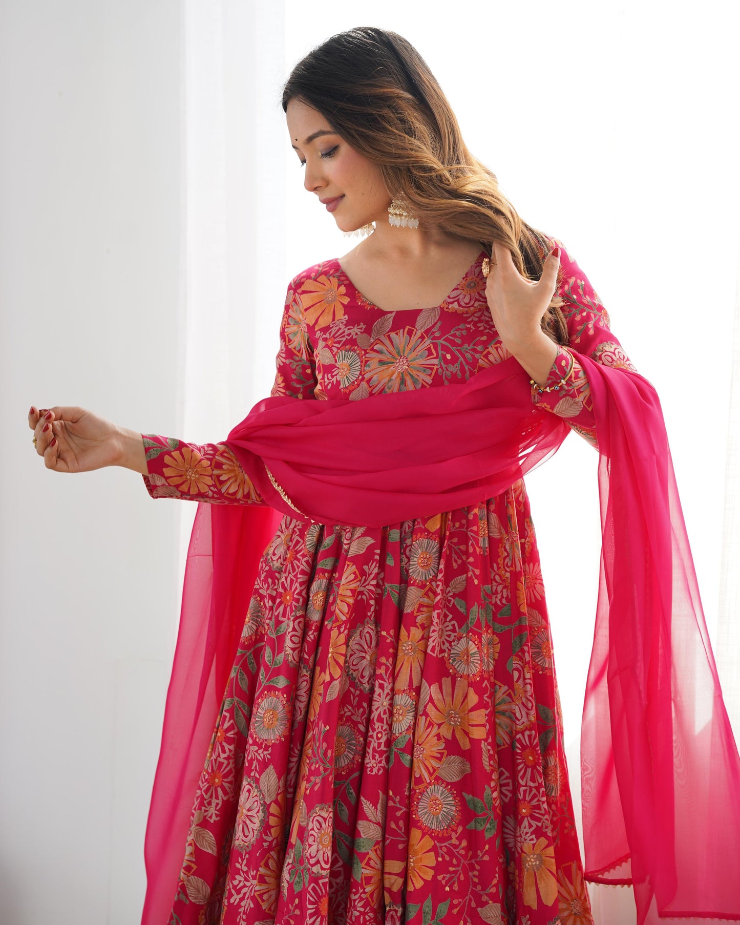 PURE SOFT ROMAN SILK FABRIC FULLY FLAIR KURTA,WITH DUPPTA SET,PALAZZO