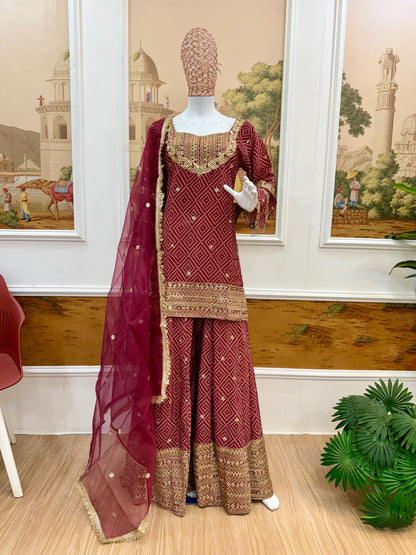 HEAVY 3 PIECES SUIT PAIR WITH EMBROIDERY WORK &amp; FANCY LACE