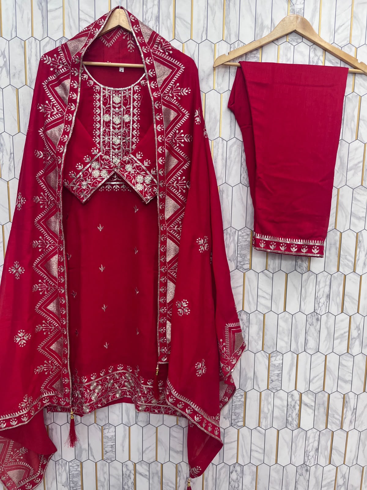 KARWA CHAUTH SPECIAL DESIGNER HEAVY EMBROIDERY WORK TOP PENT WITH DUPATTA SET